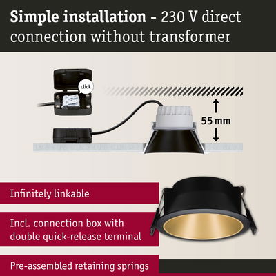 Black recessed spotlight with gold interior, 55 mm installation depth, simple 230 V direct connection lighting
