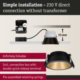 Black recessed spotlight with gold interior, 55 mm installation depth, simple 230 V direct connection lighting