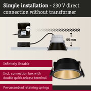 Black recessed spotlight with gold interior and connection box for simple 230V direct installation