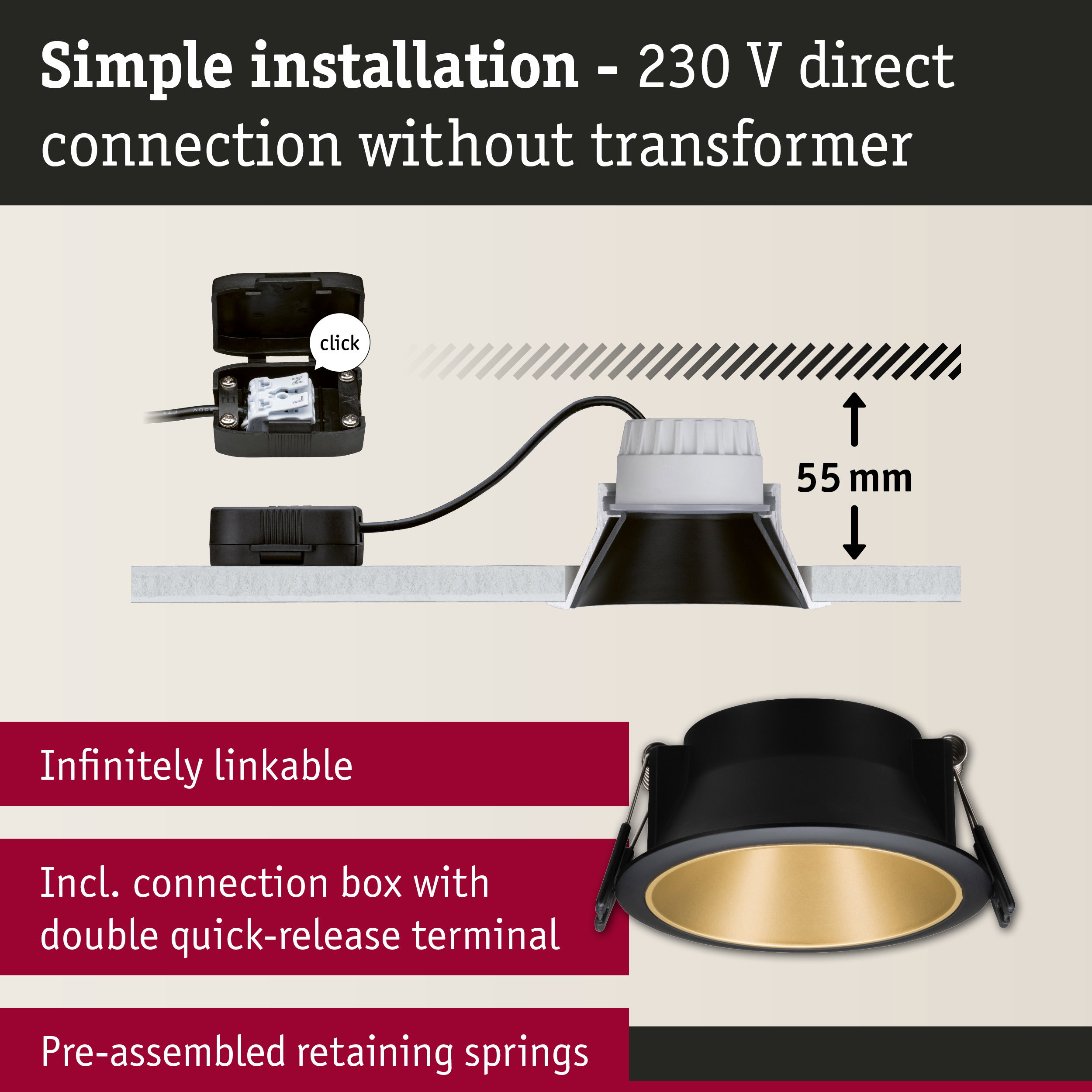 Black recessed spotlight with gold interior and connection box for simple 230V direct installation