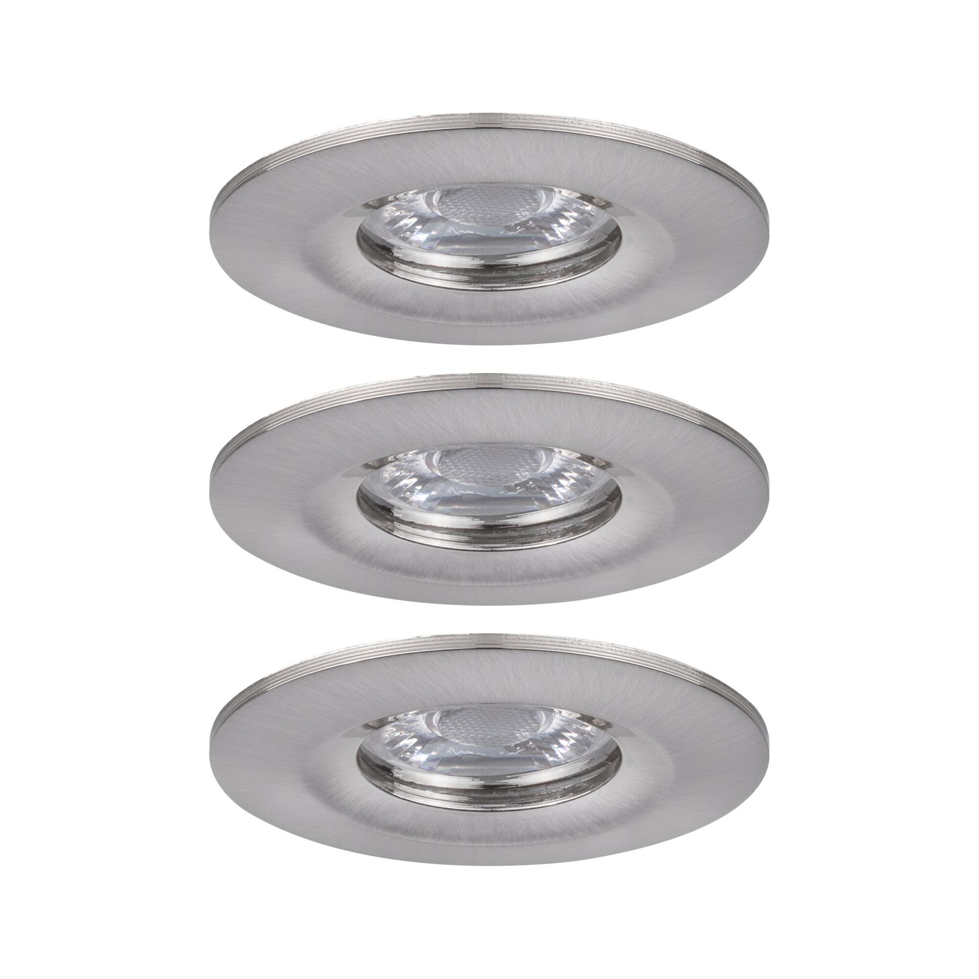 Drei runde Einbaustrahler aus gebürstetem Edelstahl für moderne LED-Deckenbeleuchtung.