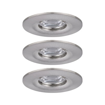Three round recessed spotlights in brushed stainless steel for modern LED ceiling lighting.