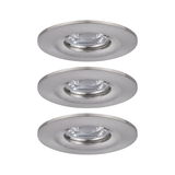 Three round recessed spotlights in brushed stainless steel for modern LED ceiling lighting.