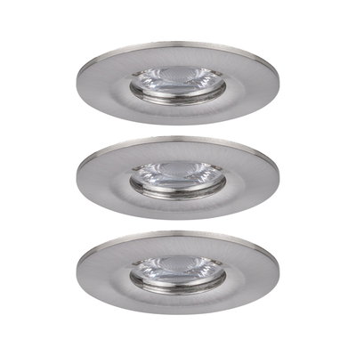 Three round recessed spotlights in brushed stainless steel for modern LED ceiling lighting.
