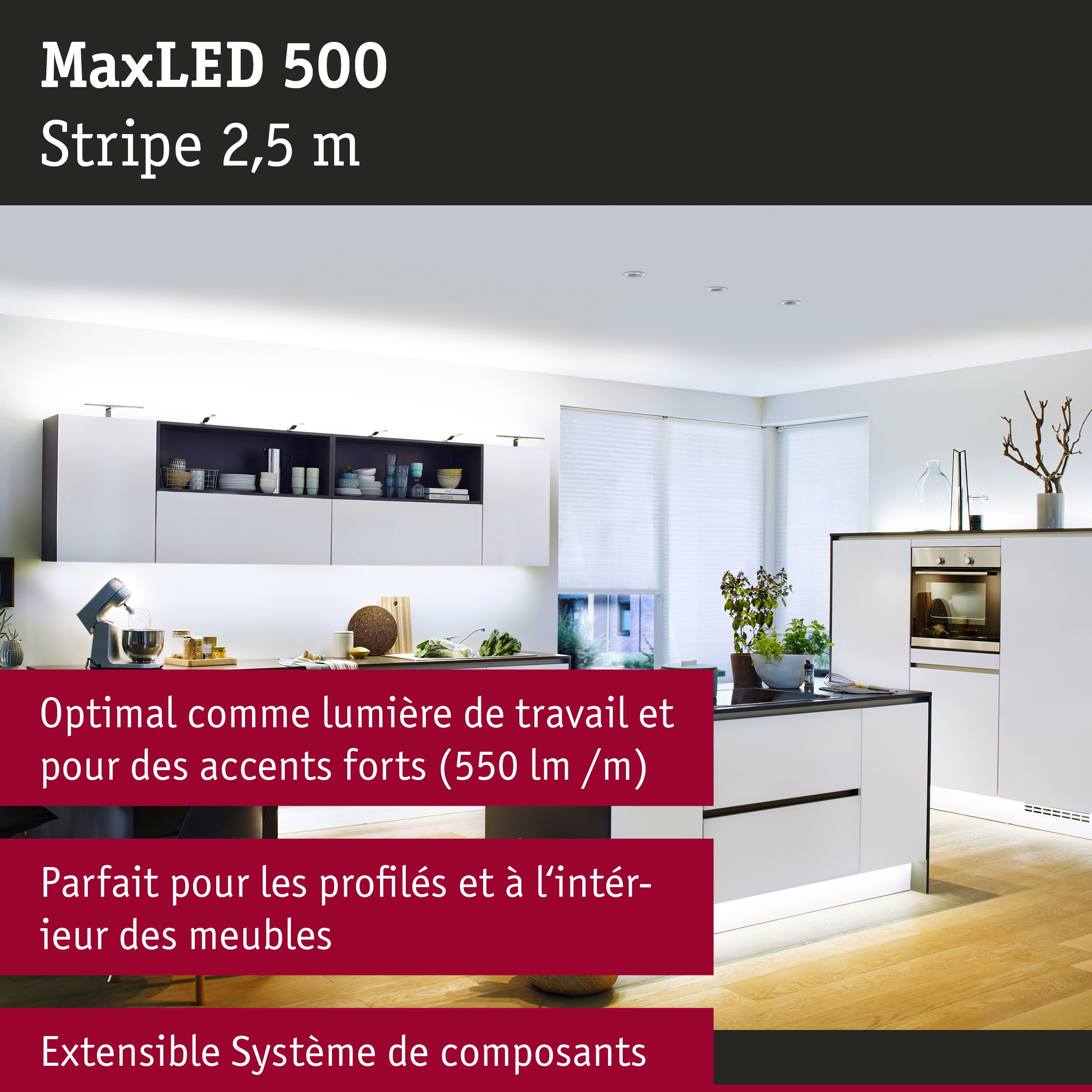 Cuisine blanche moderne avec éclairage LED MaxLED 500 pour lumière de travail et accents