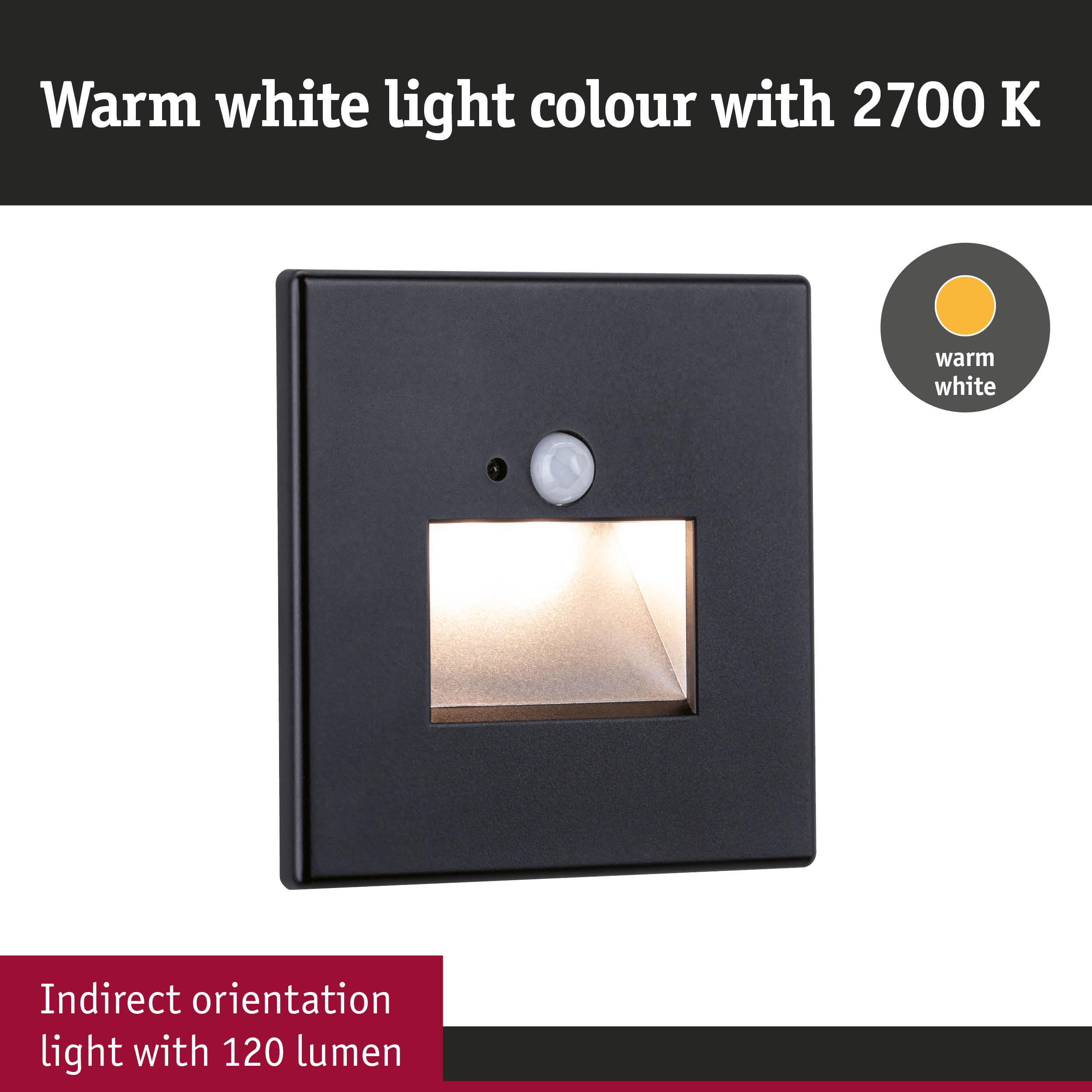 Black LED wall light with indirect orientation, 2700K warm white light and 120 lumens brightness