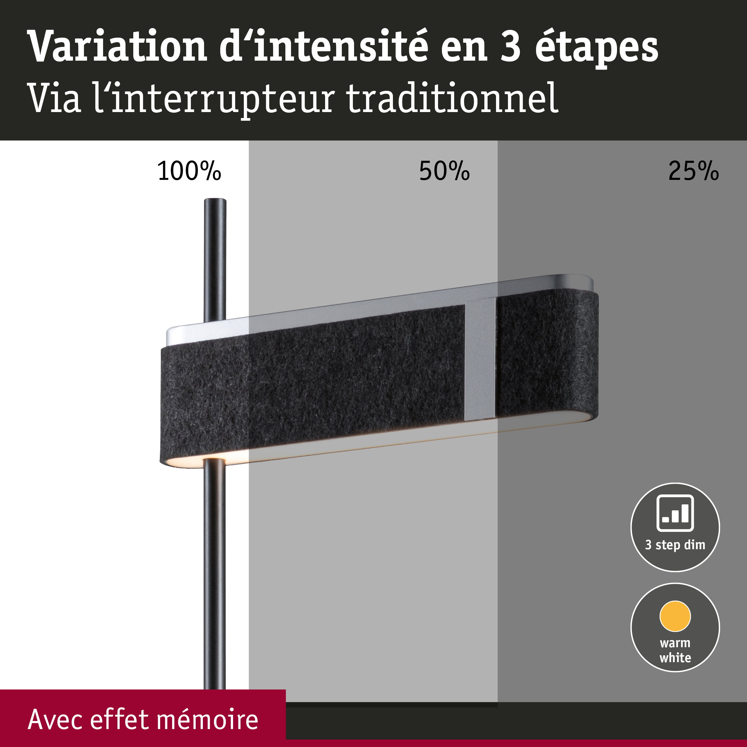 Lampadaire moderne noir avec variation d'intensité en 3 étapes et lumière blanc chaud