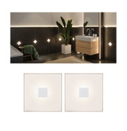 Square white LED wall lights with aluminum center, modern bathroom lighting with indirect illumination