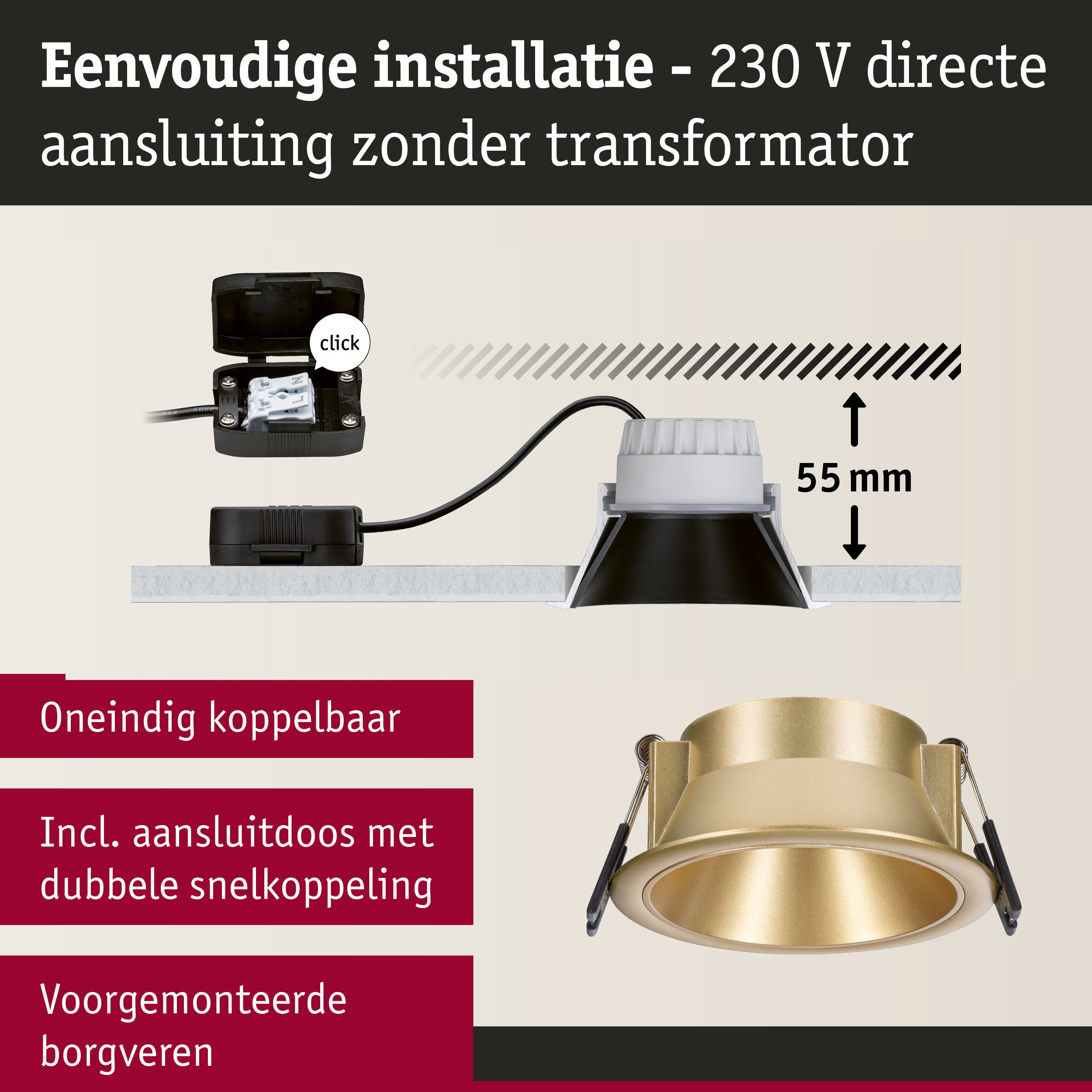 Gouden metalen inbouwspot met 55 mm inbouwdiepte en directe 230 V aansluiting