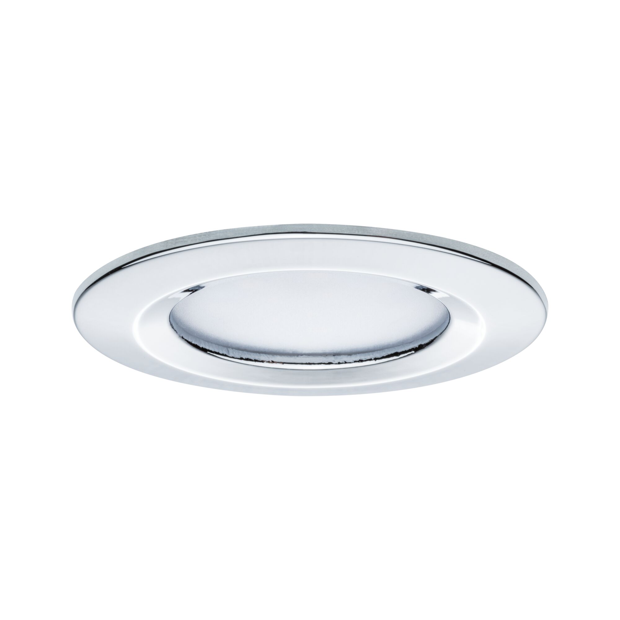 Runder Einbaustrahler aus Chrom mit weißem Diffusor für moderne LED-Deckenbeleuchtung
