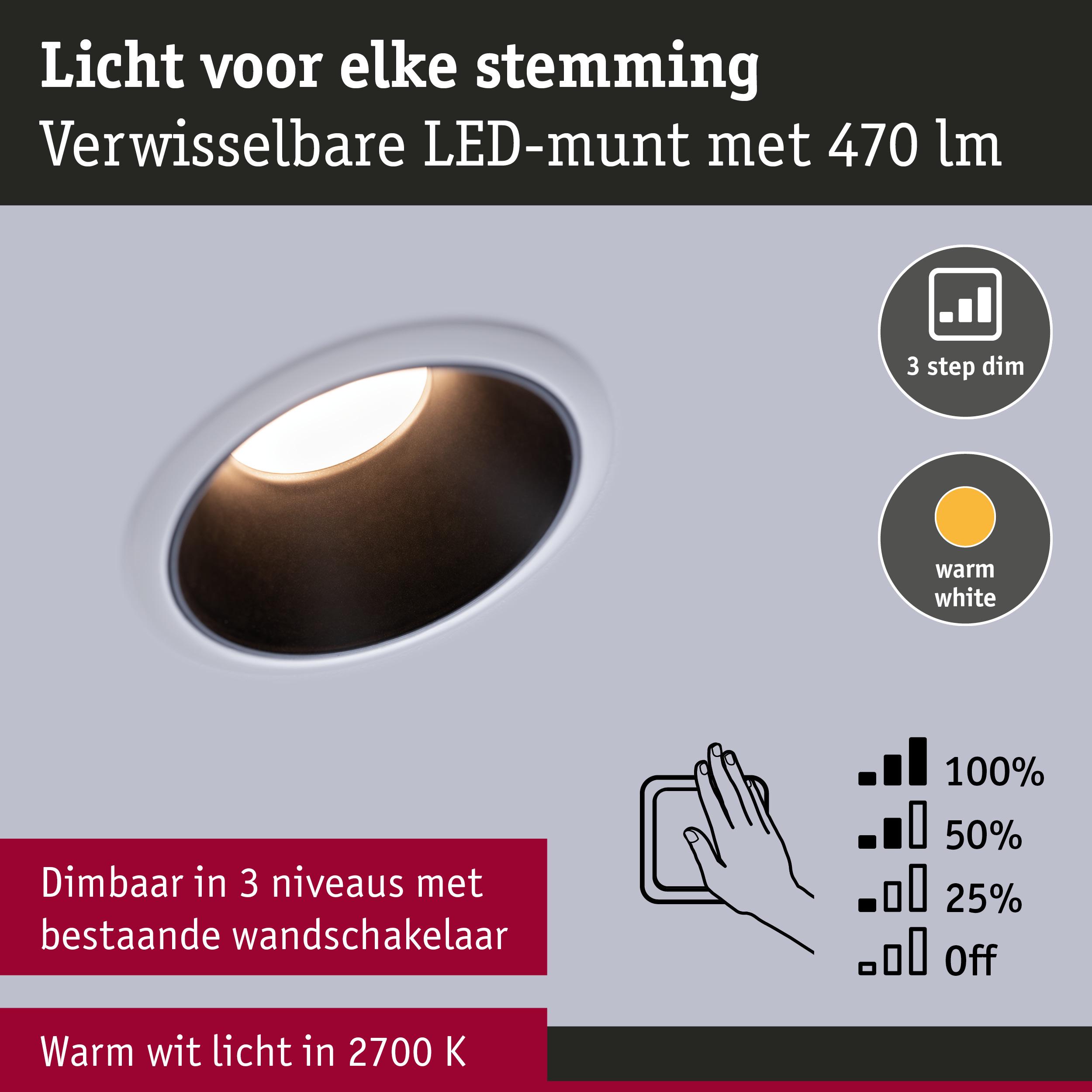 Witte LED-inbouwspot met warm wit licht 2700K en 3-traps dimfunctie via wandschakelaar