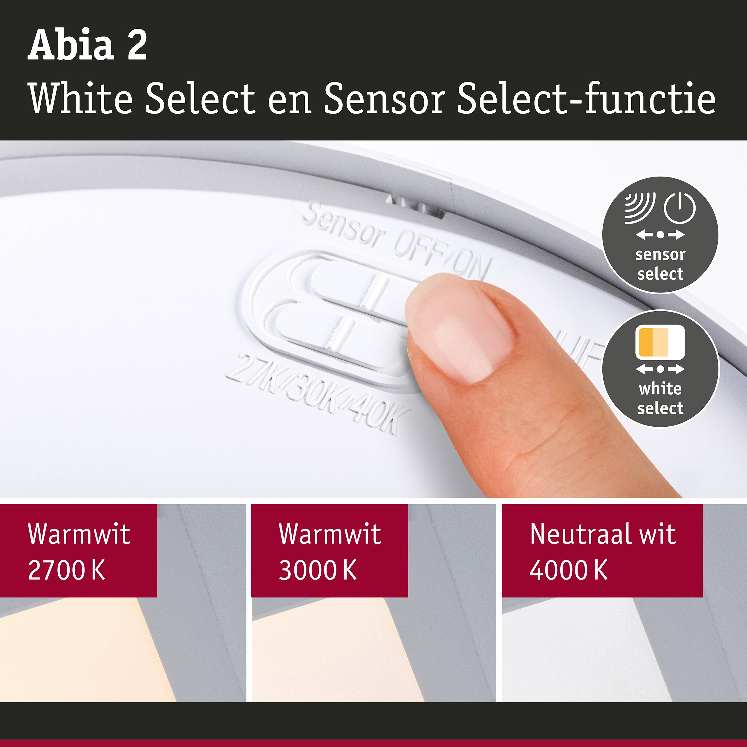 LED-paneel Abia 2 White Select Schemergestuurde bewegingsmelder (HF) hoekig 300x300mm 14W 900lm White Select Wit