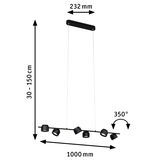 Zwarte metalen LED-hanglamp met zes verstelbare spots, 100 cm lang, dimbare plafondlamp.