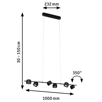 Zwarte metalen LED-hanglamp met zes verstelbare spots, 100 cm lang, dimbare plafondlamp.