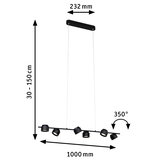 Black metal LED pendant light with six adjustable spotlights, 100 cm length, dimmable ceiling lamp.