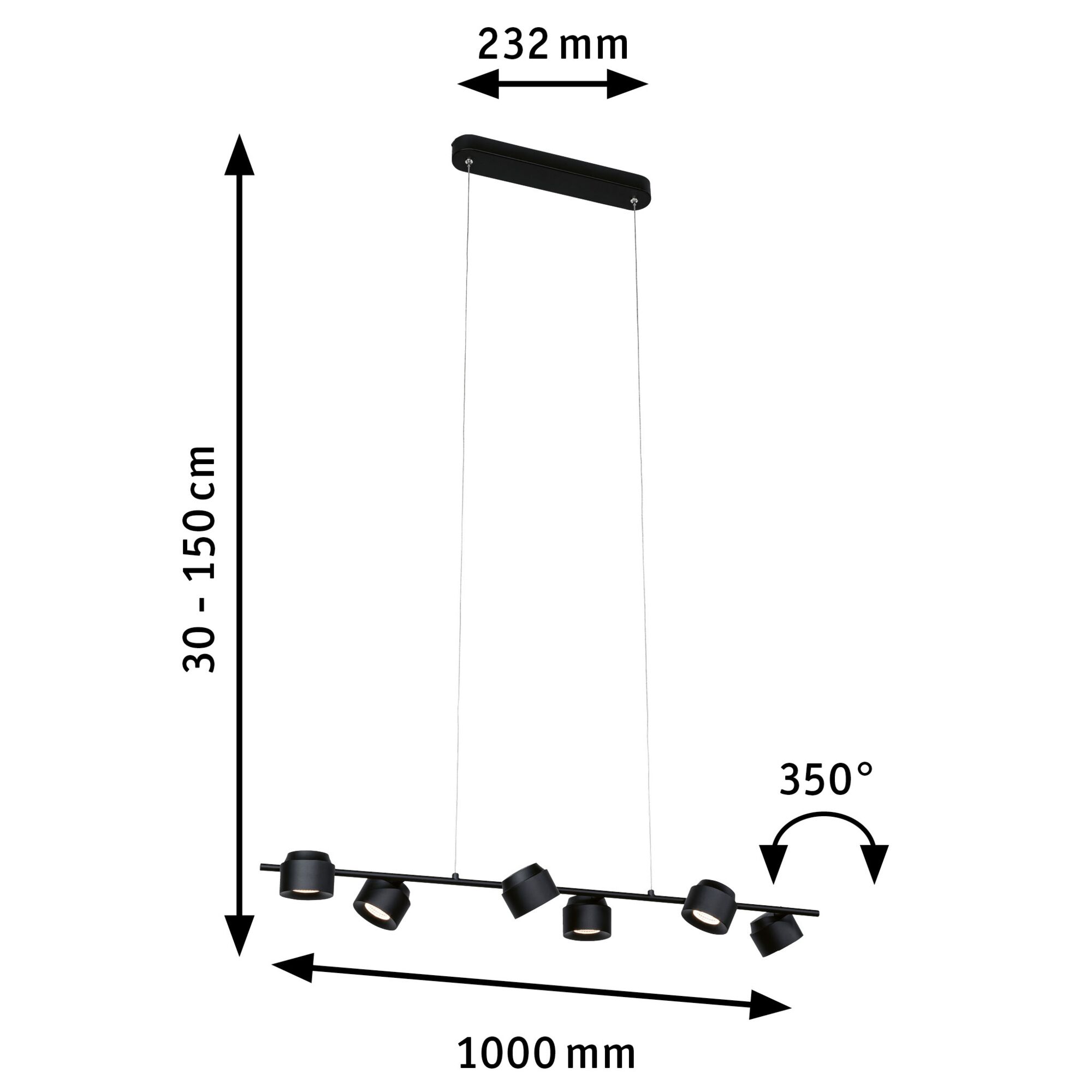 Schwarze LED-Pendelleuchte aus Metall mit sechs verstellbaren Spots und 100 cm Länge, dimmbar.