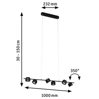 Schwarze LED-Pendelleuchte aus Metall mit sechs verstellbaren Spots und 100 cm Länge, dimmbar.