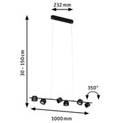 Zwarte metalen LED-hanglamp met zes verstelbare spots, 100 cm lang, dimbare plafondlamp.