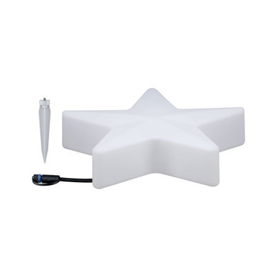 White plastic star with cable and ground spike for outdoor lighting and garden decoration