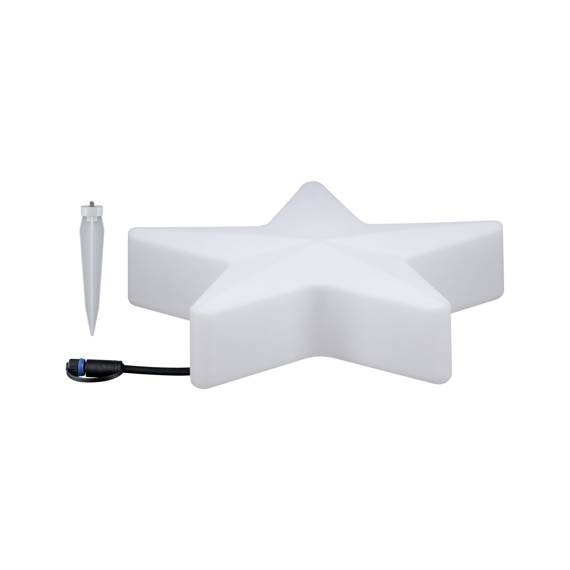 White plastic star with cable and ground spike for outdoor lighting and garden decoration