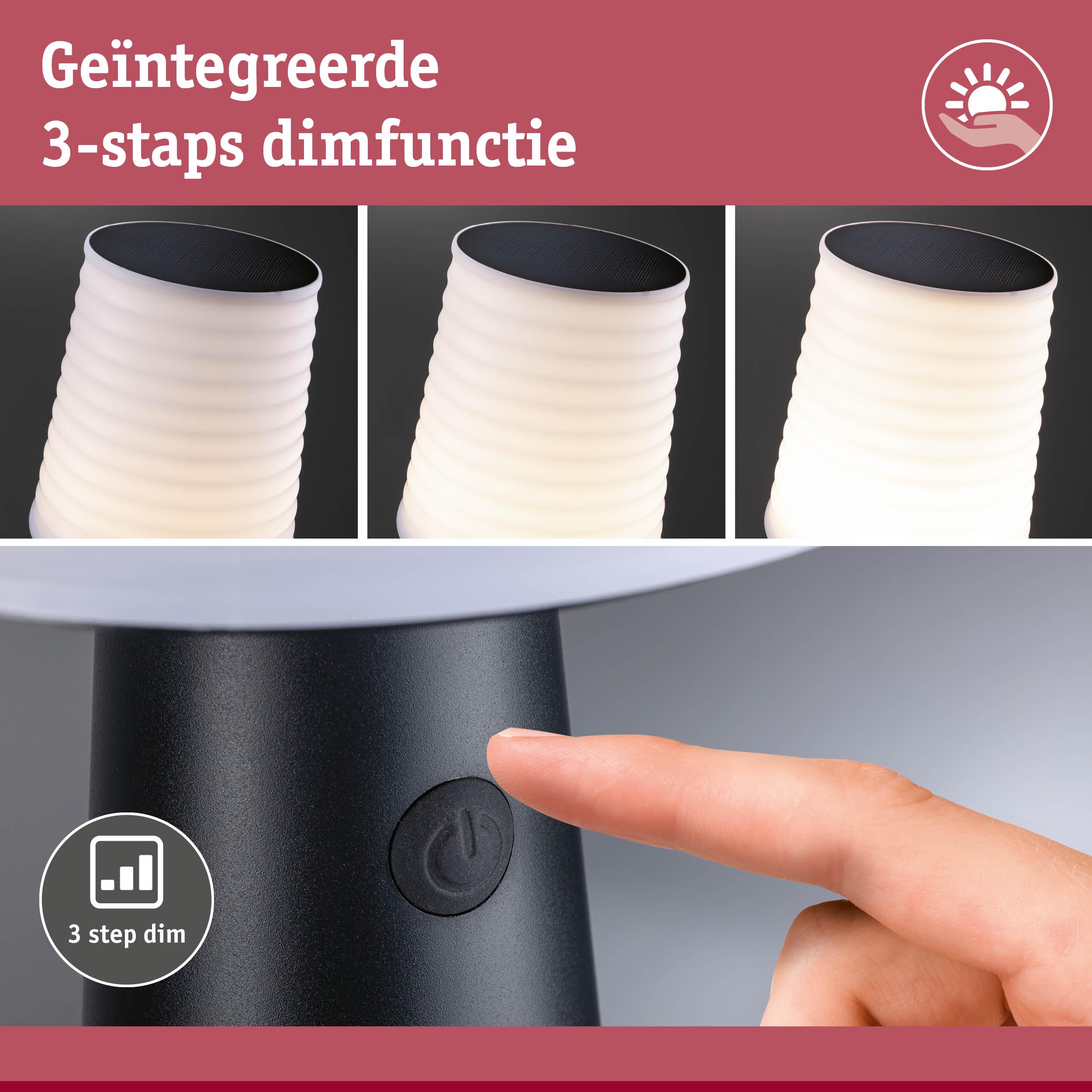 Zwarte lamp met witte geribbelde kap en geïntegreerde 3-staps dimfunctie bediend via knopdruk