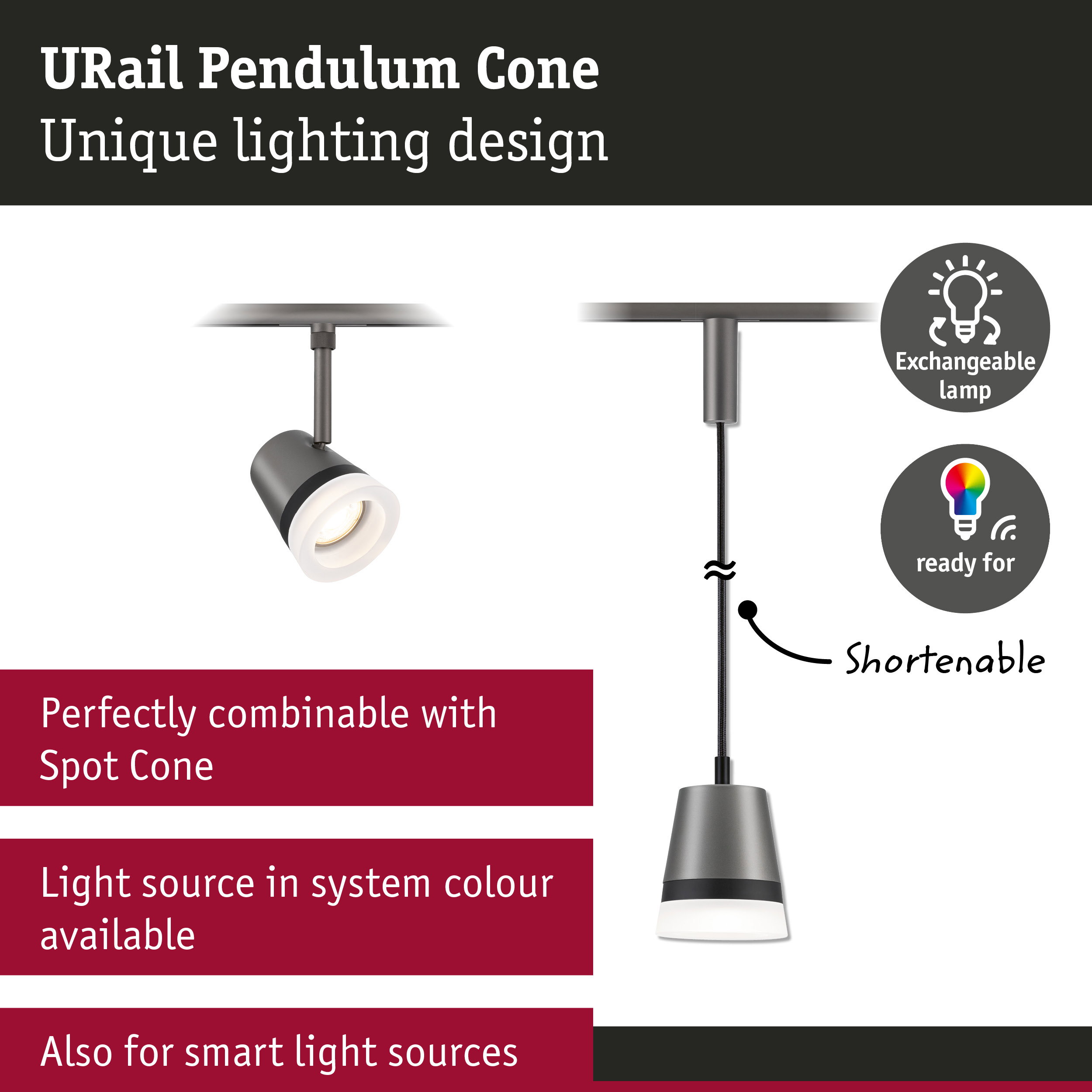 URail Pendants Cone GU10 max. 10W dimmable 230V Titanium