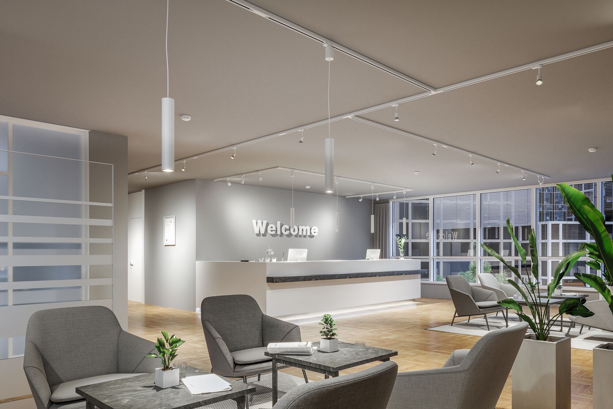 Modern reception area with grey armchairs, white pendant lights, and light parquet flooring, office lighting design.