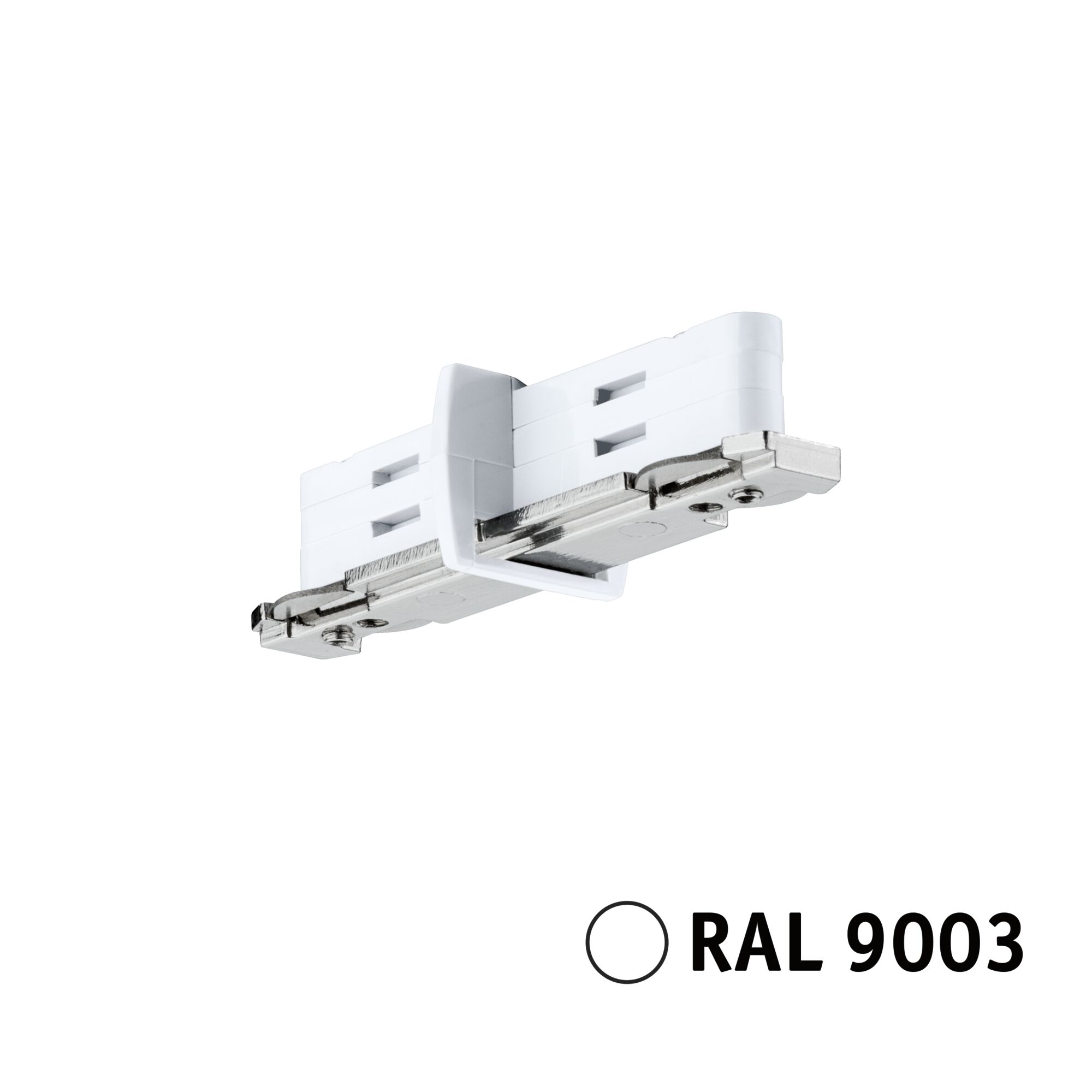 Weißer Schienenverbinder aus Kunststoff und Metall für Stromschienen mit RAL 9003 Farbe