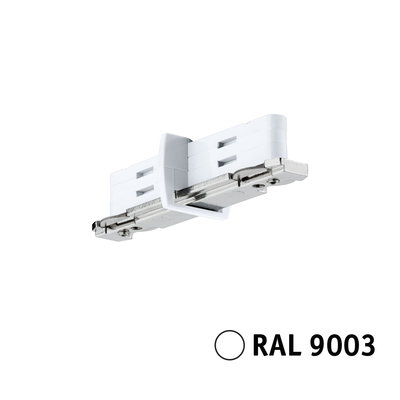 Weißer Schienenverbinder aus Kunststoff und Metall für Stromschienen mit RAL 9003 Farbe