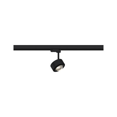 Schwarzer LED-Strahler an Schienensystem aus Metall für flexible Beleuchtung im Innenraum