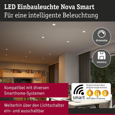 LED Einbauleuchte Nova Smart in Weiß, dimmbar und kompatibel mit Smarthome-Systemen für intelligente Beleuchtung