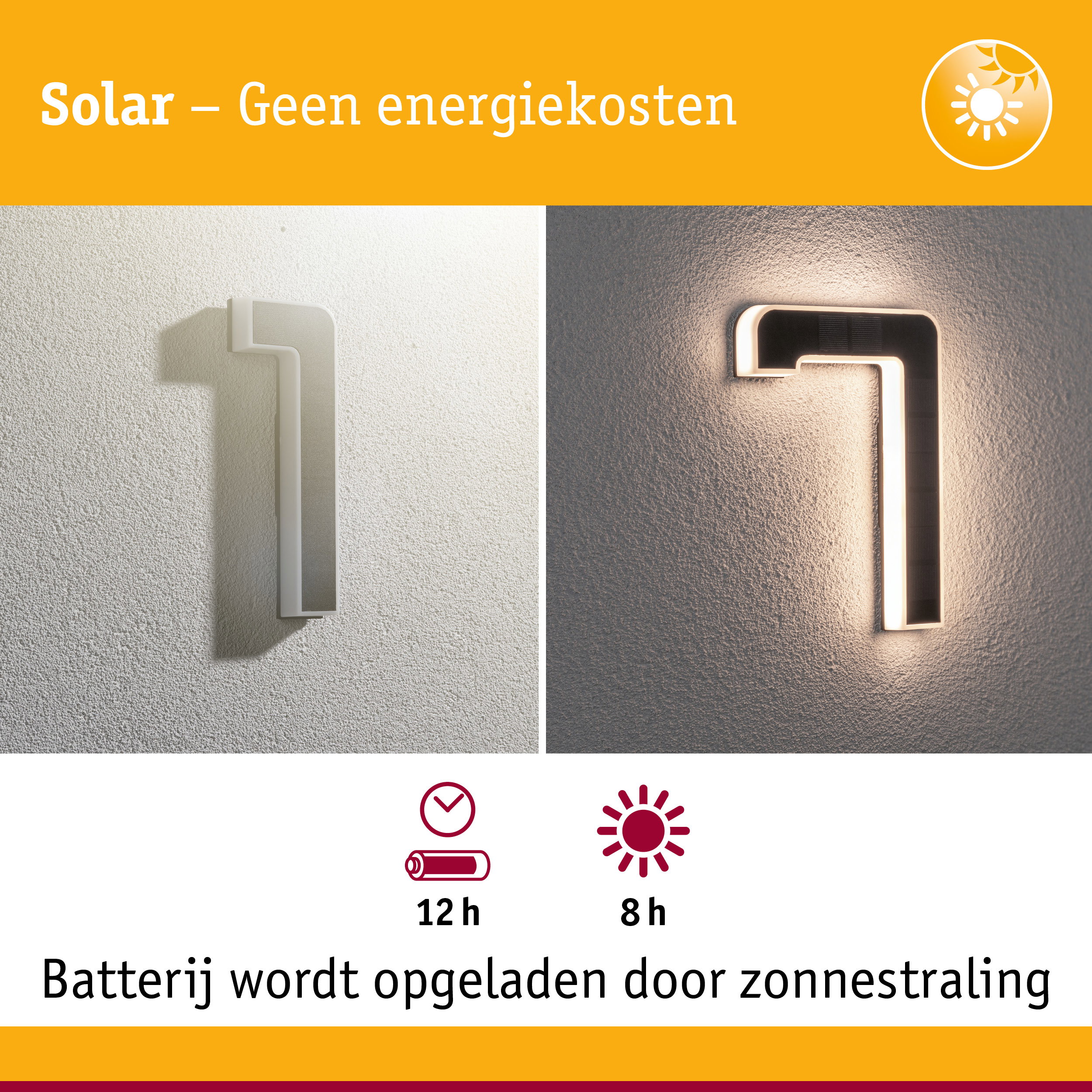 Zonne-energie wandlamp met wit frame en LED-licht, energiezuinige buitenverlichting