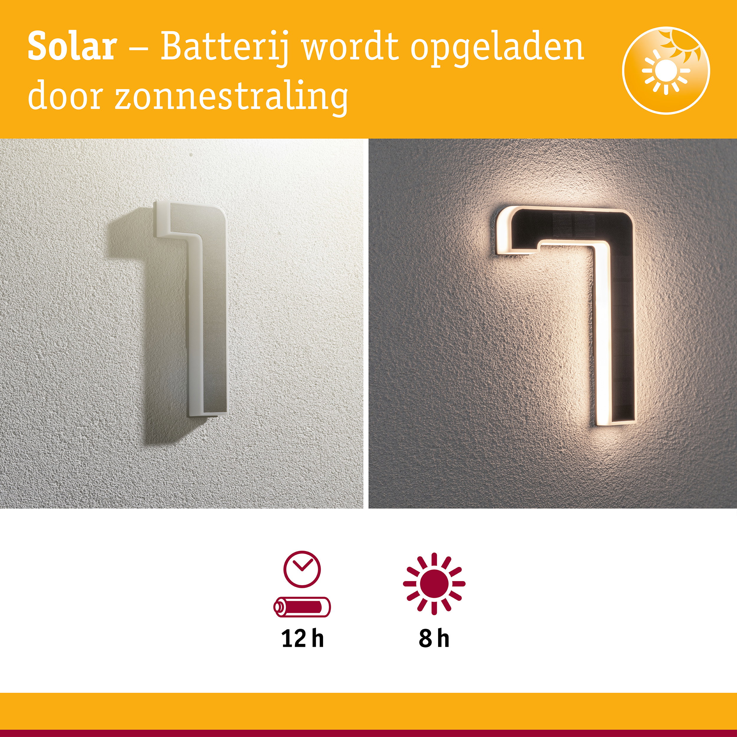 Zonne-energie wandlamp met wit frame en LED-licht, energiezuinige buitenverlichting