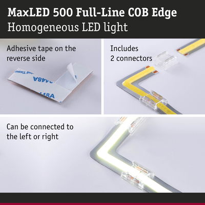 MaxLED 500 Full-Line COB Edge LED light with adhesive tape and two clear connectors for versatile installation