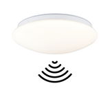 Round white LED ceiling light with motion sensor icon for energy-efficient room lighting