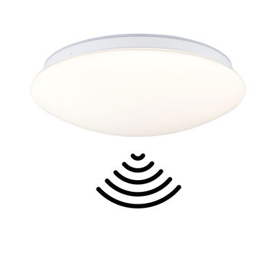 Round white LED ceiling light with motion sensor icon for energy-efficient room lighting