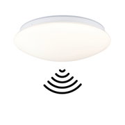 Round white LED ceiling light with motion sensor icon for energy-efficient room lighting