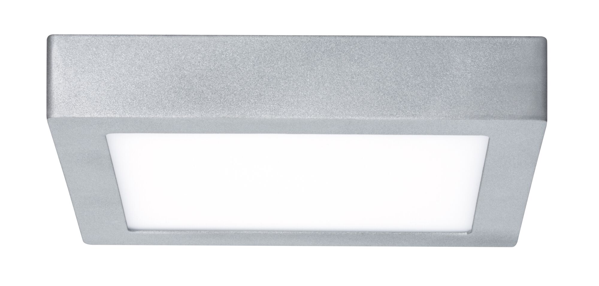 Quadratische Deckenleuchte aus silbernem Aluminium mit weißem Diffusor für moderne Innenbeleuchtung