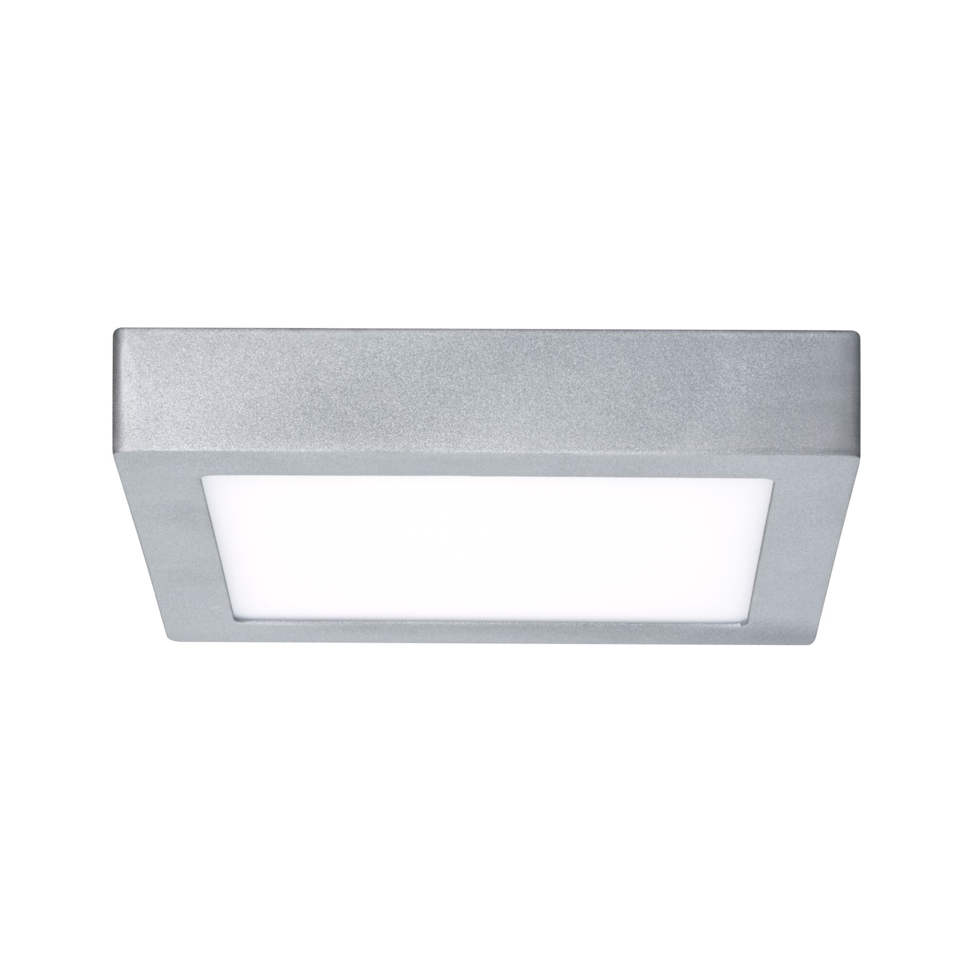 Quadratische Deckenleuchte aus silbernem Aluminium mit weißem Diffusor für moderne Innenbeleuchtung
