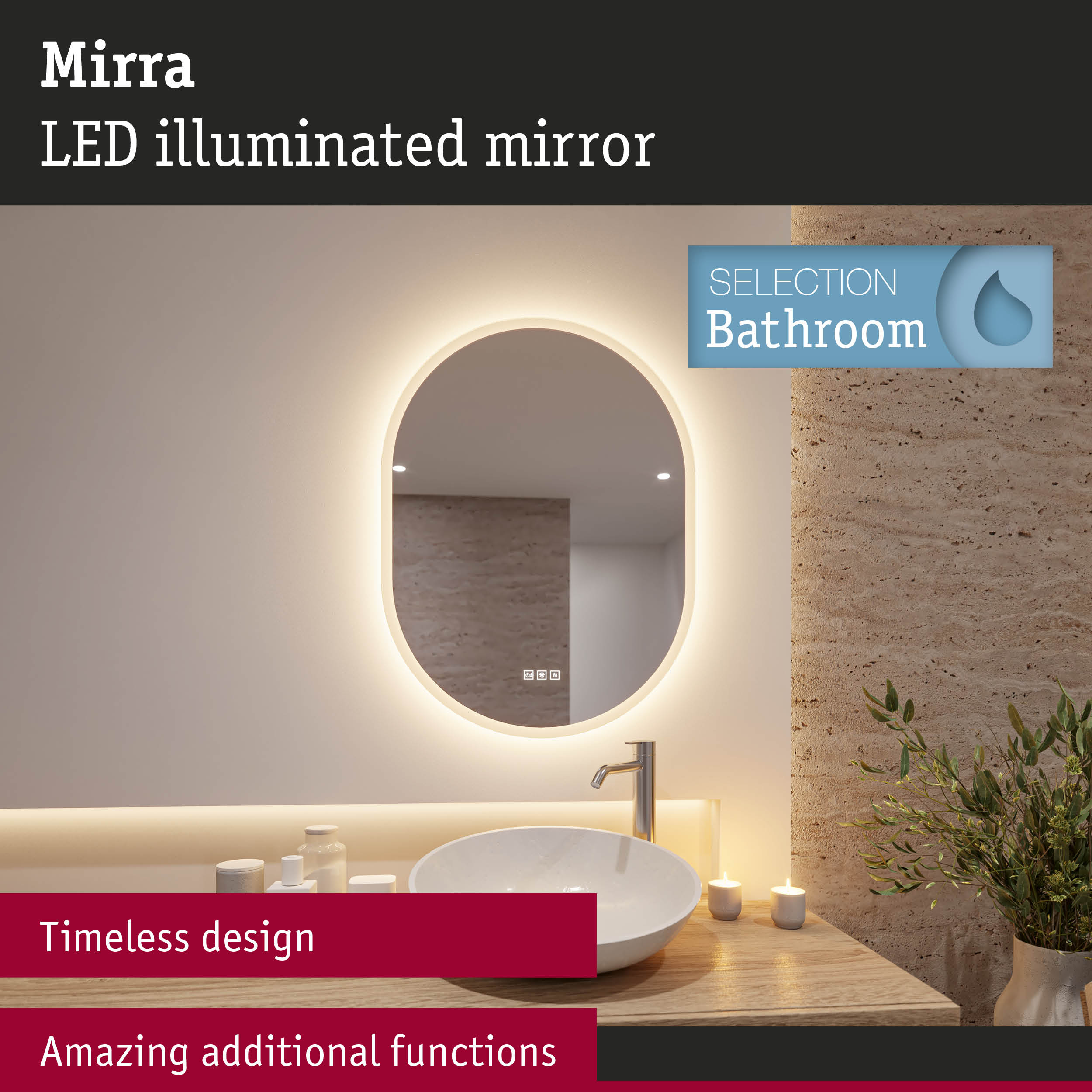 Mirra LED illuminated bathroom mirror with timeless design and amazing additional functions for modern bathrooms