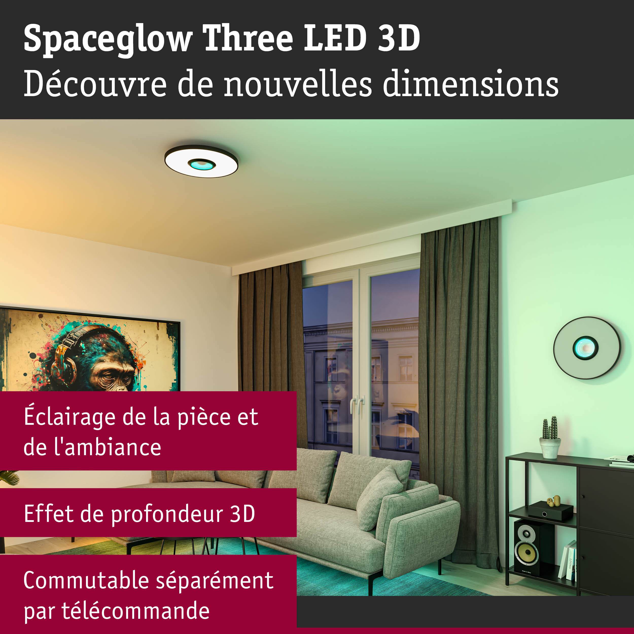 Plafonnier rond Spaceglow Three LED 3D avec lumière blanche et effet 3D dans un salon moderne