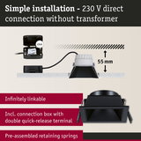 Black recessed spotlight with 55 mm depth, connection box and quick-release terminal for easy 230 V installation