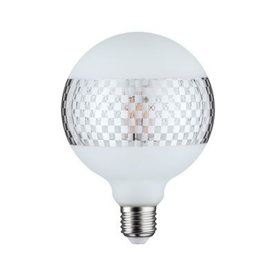 Ampoule LED ronde en verre blanc mat avec motif damier argenté pour éclairage moderne