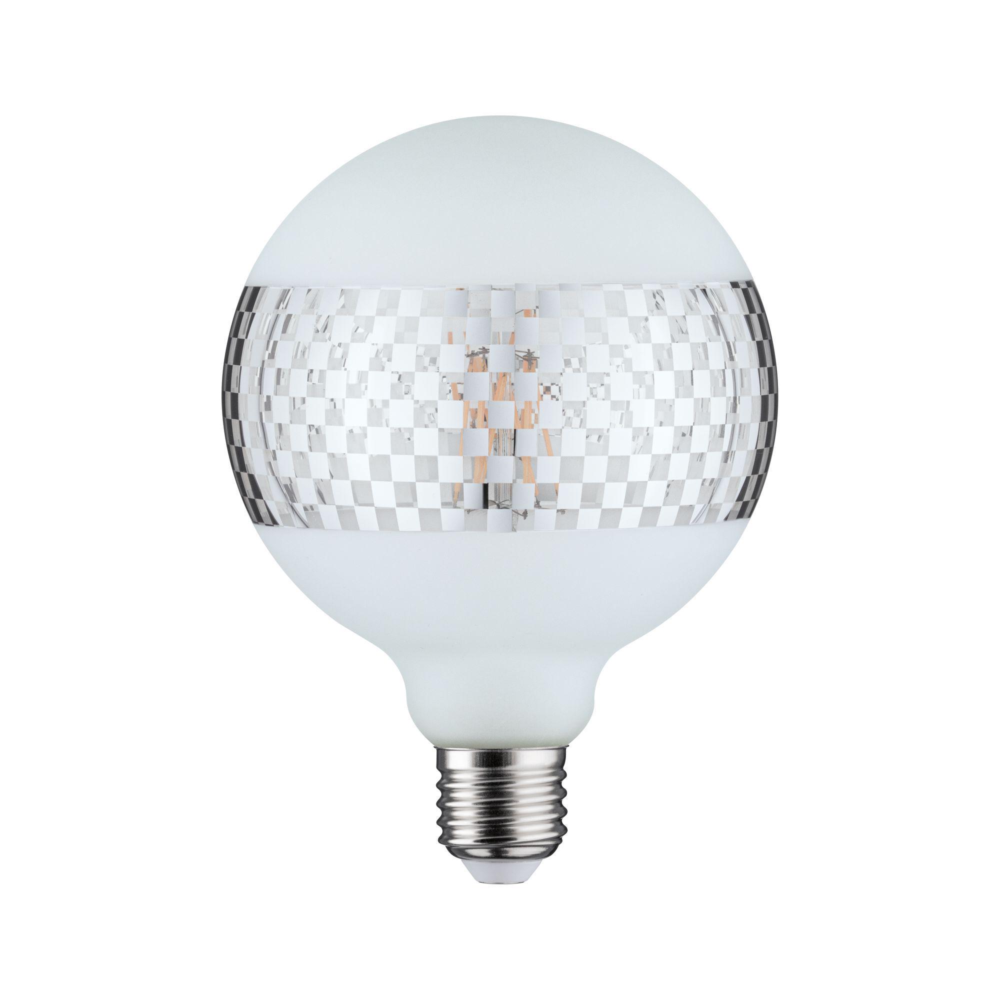 Round LED bulb with matte white glass and silver checkerboard pattern for modern lighting
