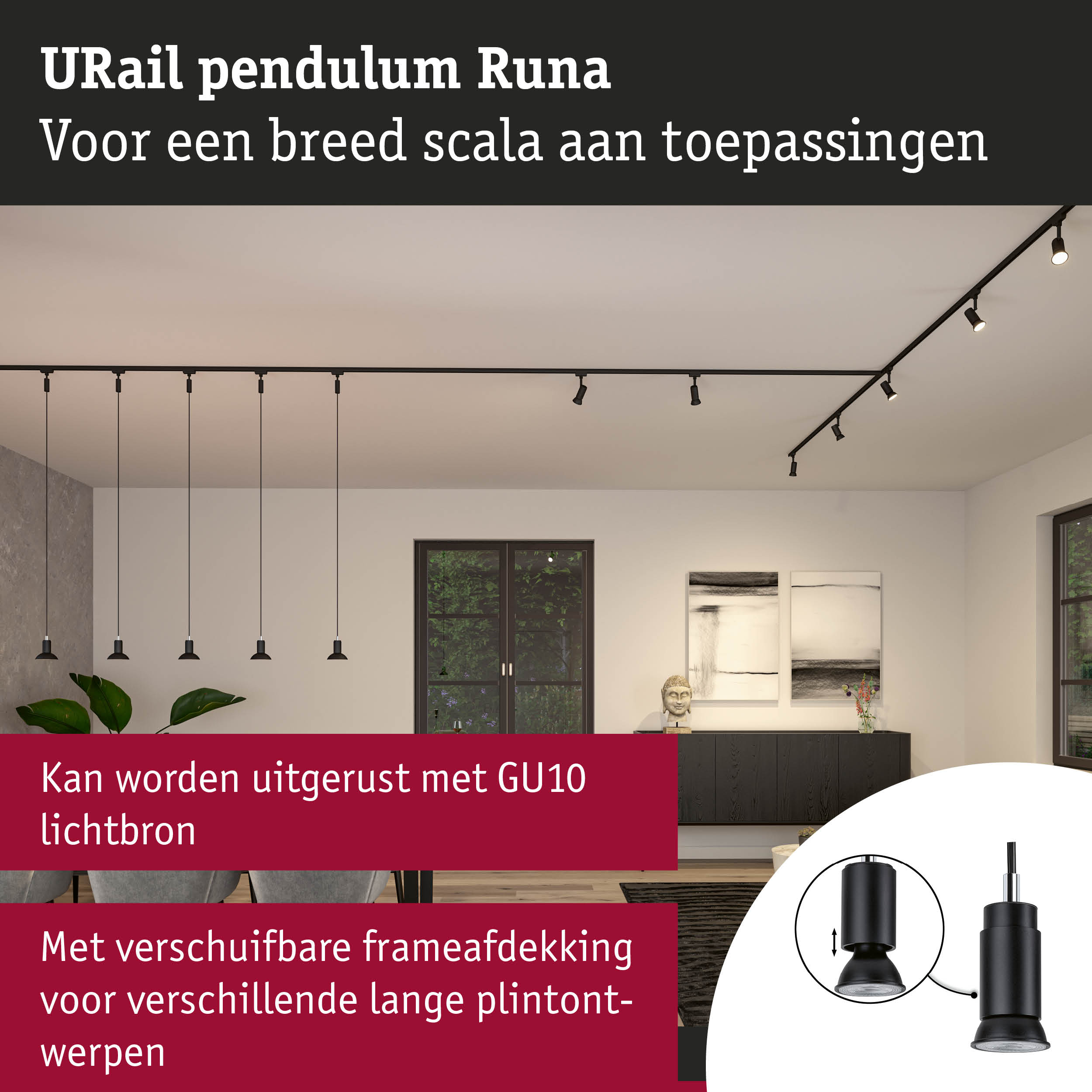 Zwarte URail pendellamp Runa met verstelbare frameafdekking en GU10 lichtbron voor veelzijdige toepassingen