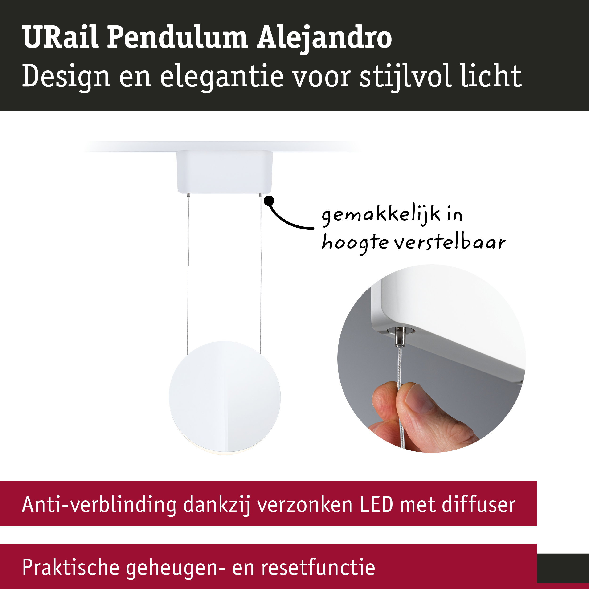Witte URail Pendulum LED plafondlamp met in hoogte verstelbaar ontwerp en anti-verblindingsdiffuser
