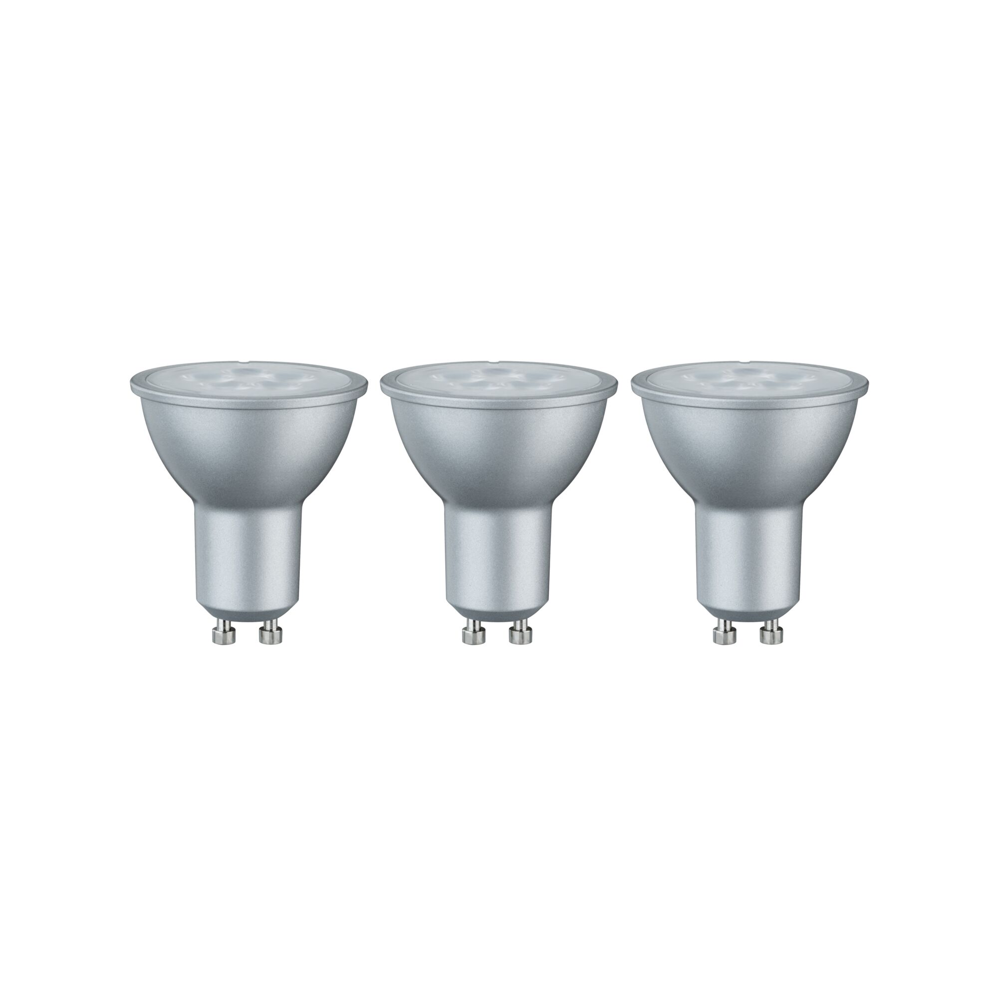 Three silver GU10 LED bulbs with matte finish for energy-efficient lighting solutions