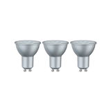 Three silver GU10 LED bulbs with matte finish for energy-efficient lighting solutions