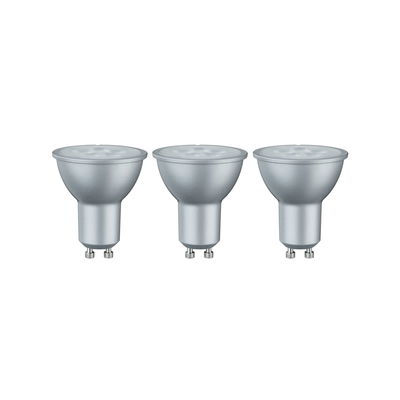 Three silver GU10 LED bulbs with matte finish for energy-efficient lighting solutions