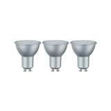 Three silver GU10 LED bulbs with matte finish for energy-efficient lighting solutions